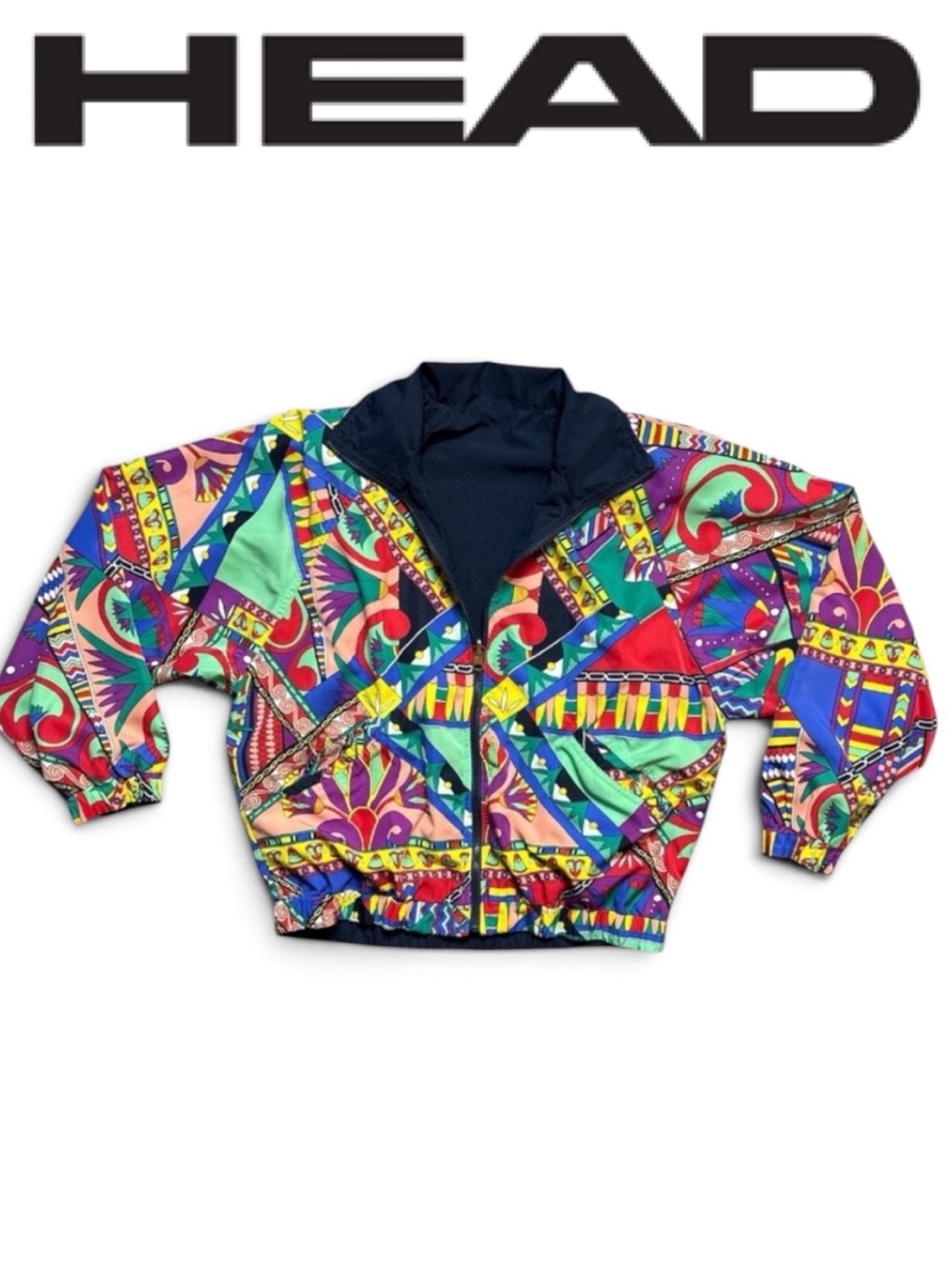 VINTAGE HEAD REVERSIBLE WINDBREAKER 90s ABSTRACT PRINT CROPPED UNISEX SIZE M